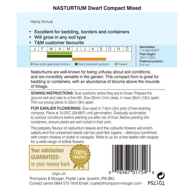 THOMPSON & MORGAN - NASTURTIUM DWARF COMPACT MIXED SEEDS - Image 2