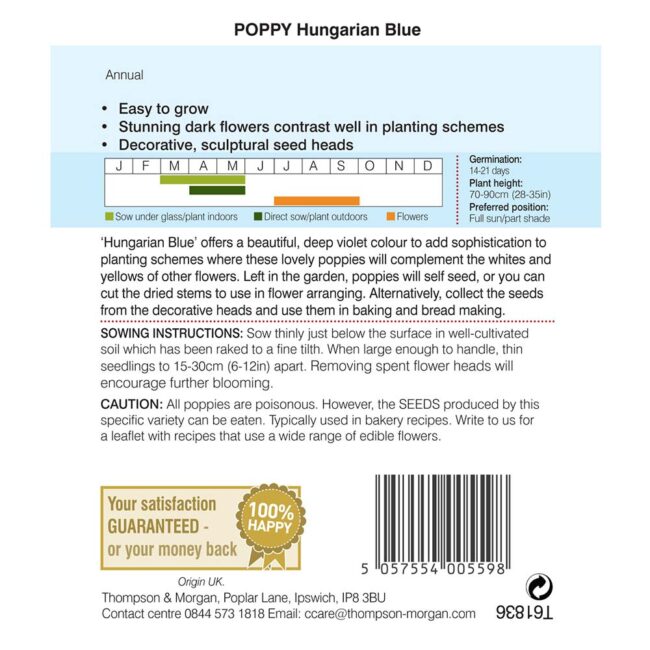 THOMPSON & MORGAN - POPPY HUNGARIAN BLUE SEEDS - Image 2