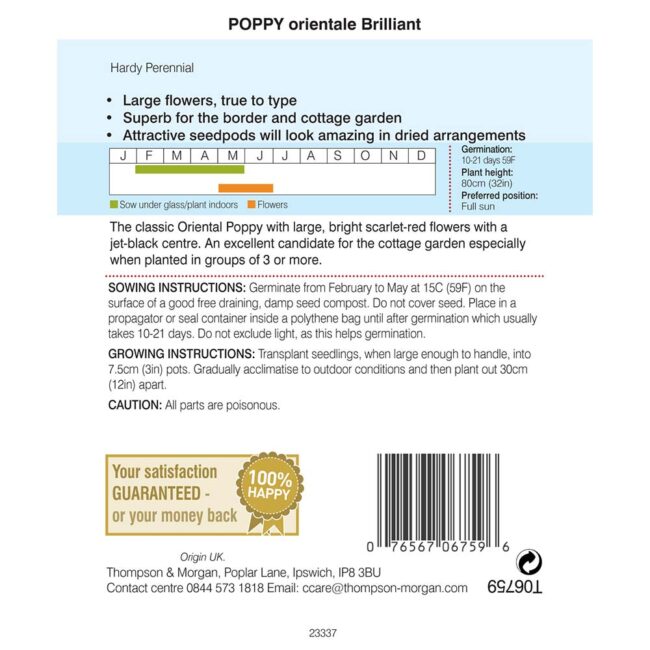THOMPSON & MORGAN - POPPY ORIENTALE BRILLIANT SEEDS - Image 2