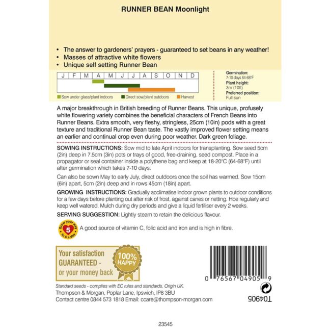 THOMPSON & MORGAN - RUNNER BEAN MOONLIGHT SEEDS - Image 2