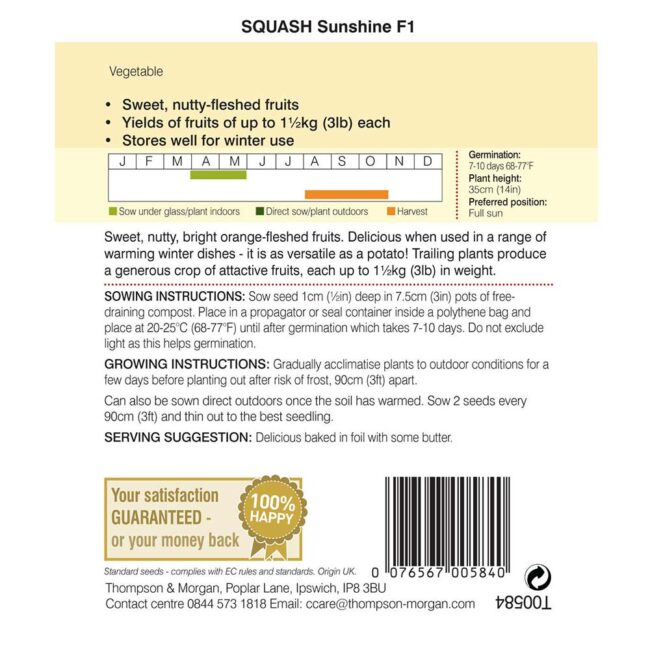THOMPSON & MORGAN - SQUASH SUNSHINE F1 HYBRID (WINTER) SEEDS - Image 2