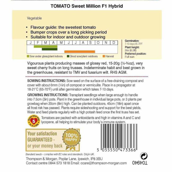 THOMPSON & MORGAN - TOMATO SWEET MILLION F1 HYBRID SEEDS - Image 2