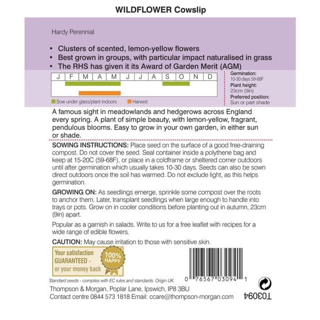 THOMPSON & MORGAN - WILD FLOWER COWSLIPS (PRIMULA VERIS) SEEDS - Image 2